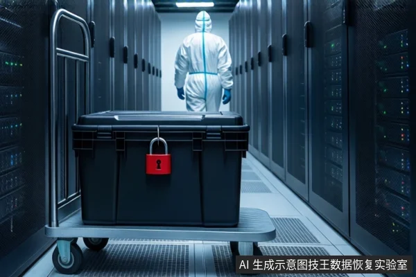 服务器机房通道内,前景推车上放置一个闭合的黑色防震箱,箱体挂有红色挂锁。背景中一名穿无尘服的技术人员背对镜头向通道深处走去。
