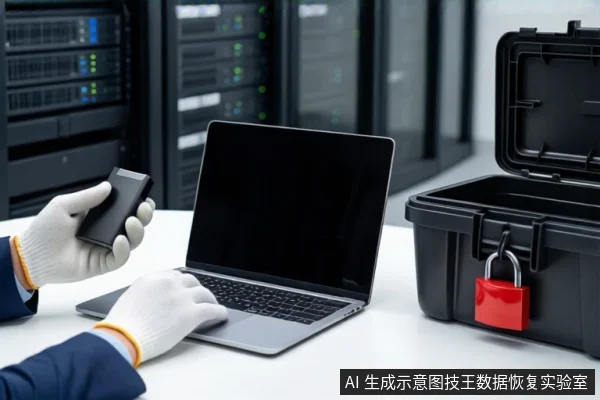 白色桌面上,前景一双戴白手套的手持握一个黑色移动硬盘,旁边是一台打开的笔记本电脑。右侧放置一个打开的黑色防震箱,箱上挂着一把红色挂锁。背景为模糊的服务器机柜。