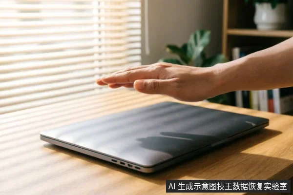 一只手掌悬停在一台闭合的笔记本电脑上方,示意停止操作。电脑放置在木质桌面上,背景有百叶窗和书架,光线柔和。画面传达出在设备故障时保持克制、避免进一步干预的紧急保护原则。