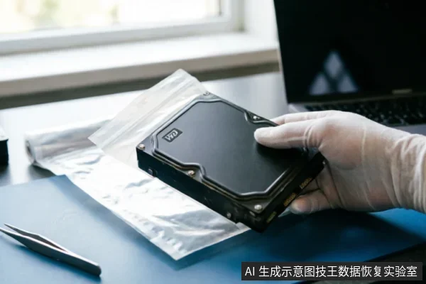 一只戴着白色防护手套的手正拿持一块WD品牌黑色机械硬盘,下方垫有透明防静电袋,蓝色操作台上放有一把金属镊子,背景可见笔记本电脑。