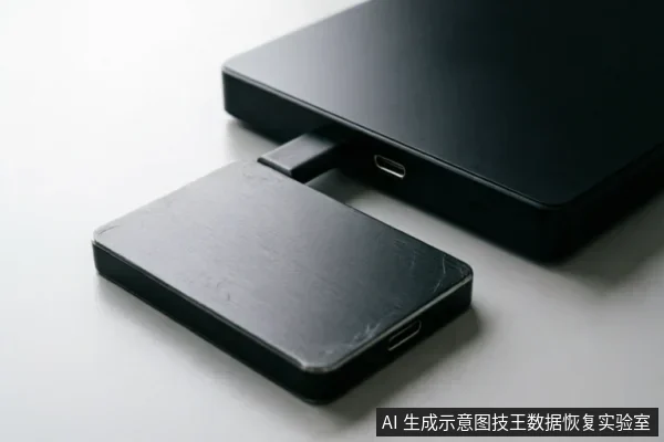 一个黑色金属外壳的便携式硬盘盒通过USB-C数据线连接至一台深色电子设备的侧面接口,展示了外部存储设备与主机的物理连接状态。
