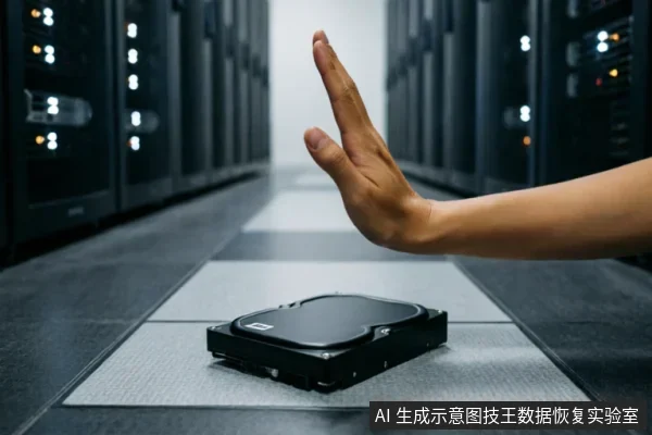 一只手掌在前景做出停止手势,挡在放置于服务器机房地板上的机械硬盘前。背景为模糊的服务器机柜,象征在硬盘故障时立即停止操作以保护数据。