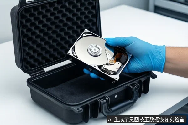 Gloved hands holding an open hard drive over a black case on a white desk.