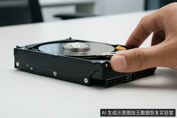 一只手正在触碰一个打开的机械硬盘,硬盘盘片裸露,放置在白色桌面上。