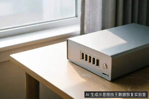 一个银灰色的长方体外置硬盘盒静置于浅色木纹桌面上，侧面可见一排USB接口、圆形电源按钮及小型接口。背景为明亮的窗户和窗帘，自然光照射在设备表面，展示了桌面型存储设备的物理外观与连接端口细节。