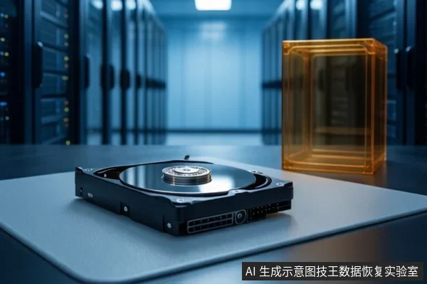 服务器机房桌面上放置一块打开的机械硬盘，右侧有一个橙色透明立方体示意装置。