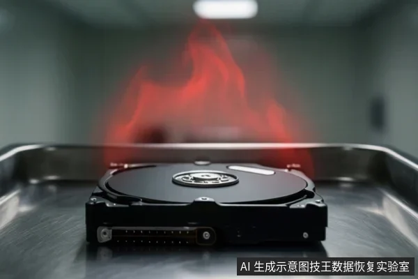 一块裸露的机械硬盘平放在金属托盘上，背景中有一团红色火焰状光效，整体画面呈现设备过热或故障的示意效果。