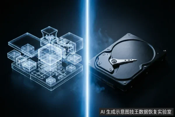 画面被一道垂直蓝光分割,左侧为发光的抽象透明芯片与电路结构,象征数据逻辑层;右侧为一台真实的机械硬盘,展示其金属盘片与磁头臂。两者形成虚实对比,直观呈现硬件实体与内部数据的关联。