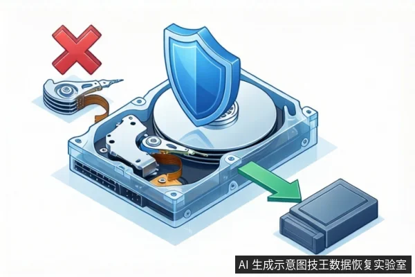 白色背景上，一块打开外壳的机械硬盘上方悬浮蓝色盾牌，左上角有红色叉号，绿色箭头指向右下方的黑色存储设备。