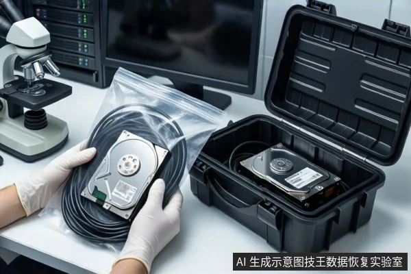 白色桌面上,左侧有一台显微镜,中间一双戴白手套的手持握装有机械硬盘的透明防静电袋,右侧打开的黑色防震箱内固定着另一块机械硬盘,背景为显示器和服务器机柜。