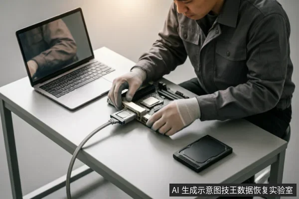 一名身穿灰色工装并佩戴防静电手套的技术人员,正在工作台上操作一块已拆解的机械硬盘。硬盘通过数据线连接至左侧笔记本电脑,旁边放置着另一块黑色移动硬盘,展示了硬件层面的数据恢复或检测场景。
