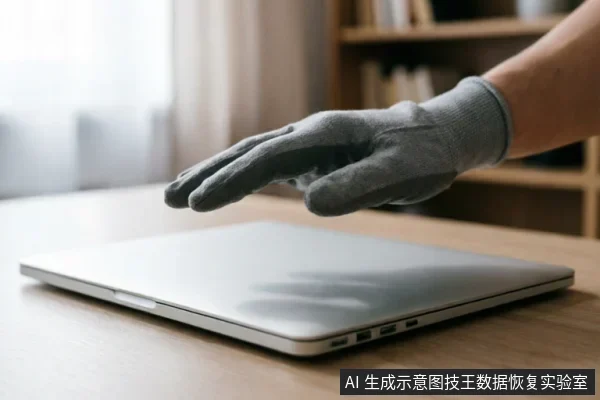 一只戴着灰色防护手套的手悬停在闭合的银色笔记本电脑上方,背景为模糊的室内书架。画面展示了在接触电子设备前佩戴手套进行防护或准备操作的状态,强调了对硬件介质的谨慎处理。