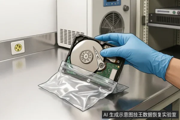 一只戴着蓝色防静电手套的手正拿着一块已拆开外壳的机械硬盘,将其放入银色防静电屏蔽袋中。背景为带有服务器设备和电源插座的金属操作台,展示了专业数据恢复环境中对存储介质进行防护处理的场景。