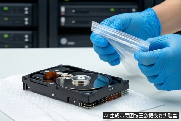 白色防静电垫上平放一块打开外壳的机械硬盘，可见盘片、主轴和磁头臂。右侧一双戴蓝色手套的手正持握一个透明防静电袋。背景为模糊的服务器机柜。