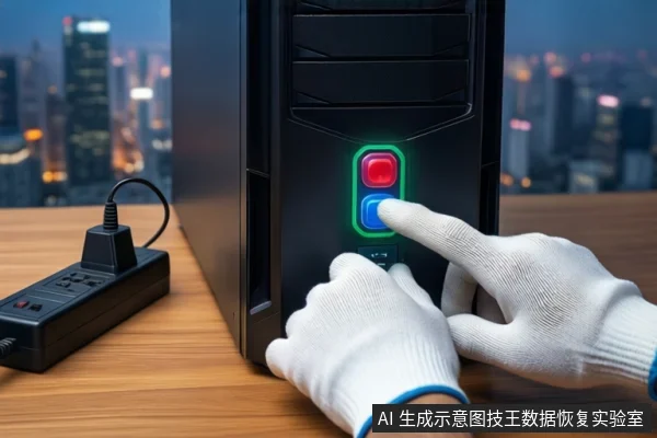 木质桌面上,戴白手套的双手正按压黑色塔式主机正面的红色电源按钮,左侧放置一个黑色电源插排,背景为模糊的城市夜景。