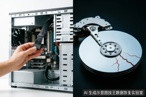 左侧展示一只手在打开的台式机机箱内检查SATA数据线连接,对应排查外部连接链;右侧为带有明显裂纹的机械硬盘特写,象征硬件物理损坏或数据恢复风险。