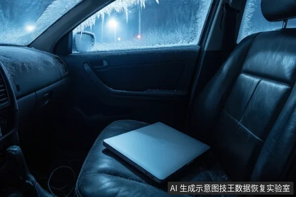 车内后座黑色皮椅上平放一台闭合的银色笔记本电脑,车窗外可见结冰的树木和夜间灯光,车内环境昏暗。