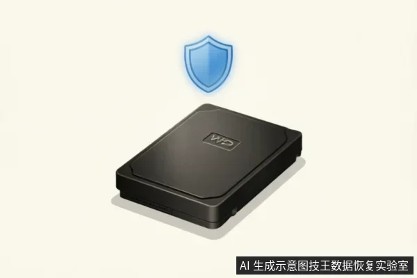 画面展示了一个黑色的西部数据(WD)品牌移动硬盘,其正上方悬浮着一个发光的蓝色盾牌图标,象征安全防护或数据保护。