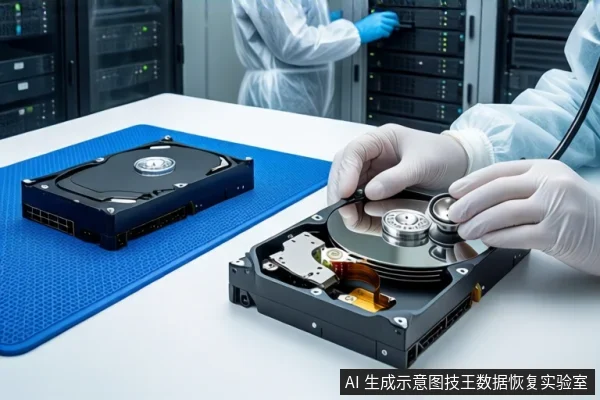 洁净室白色桌面上,蓝色防静电垫上平放一块闭合机械硬盘。前景一双戴白手套的手正在操作一块打开外壳的机械硬盘,手指接触磁头组件。背景中一名穿无尘服的技术人员站在服务器机柜旁。