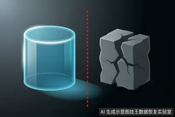 画面被红色虚线分为左右两部分。左侧是一个发光的蓝色透明圆柱体,象征完整、逻辑化的数据存储;右侧是一块布满裂纹、破碎的灰色石块,象征受损或物理故障的存储介质。两者形成鲜明对比,直观展示了数据完整性与介质物理损伤的状态差异。