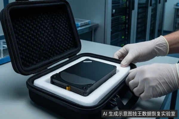 灰色桌面上,一个打开的黑色防震箱内白色泡沫中固定着一块黑色机械硬盘。一双戴白色手套的手正扶握防震箱边缘。背景可见服务器机柜。
