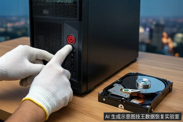 木质桌面上,戴白手套的双手正按压黑色塔式主机正面的红色电源按钮,右侧平放一块打开外壳的机械硬盘,背景为模糊的城市夜景。