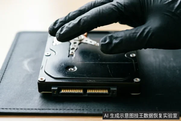 一只戴着黑色防护手套的手正悬停在一块裸露的机械硬盘上方,硬盘放置在黑色防静电垫上,底部清晰可见SATA数据与电源接口,展示了专业环境下的硬件检查或数据恢复操作场景。