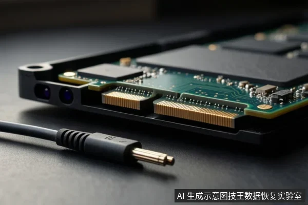 黑色台面上放置一块打开外壳的M.2固态硬盘卡条,露出绿色PCB、芯片和金色金手指;前景有一根黑色线缆,末端为金色圆柱形插头。