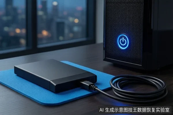 木质桌面上,蓝色垫子上平放一个黑色外接硬盘盒,连接着一根黑色数据线。右侧竖立一台黑色塔式主机,正面电源按钮亮蓝光。背景为模糊的窗户和城市夜景。
