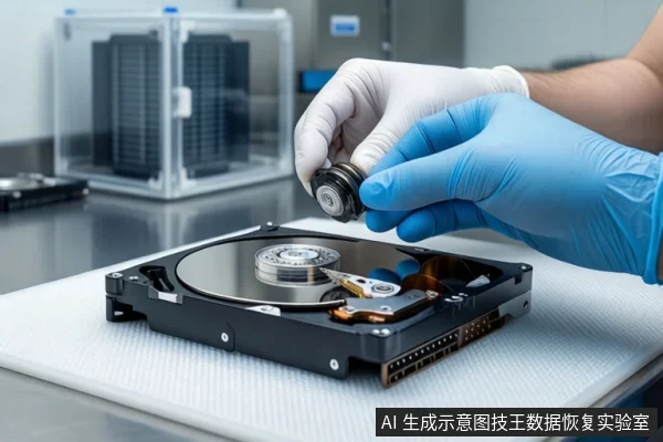 白色防静电垫上平放一块打开外壳的机械硬盘,可见盘片与磁头组件。右侧一双戴白色和蓝色手套的手正握持一个黑色圆形磁头组件,将其对准硬盘主轴电机上方。背景为模糊的实验室设备。