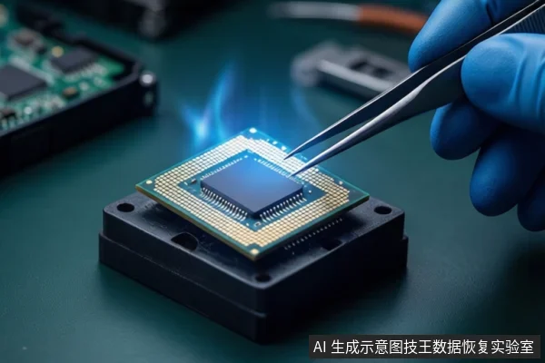 深色工作台上,一只戴蓝色手套的手持镊子,正在操作一块置于黑色底座上的绿色芯片电路板,芯片上方有蓝色光效。