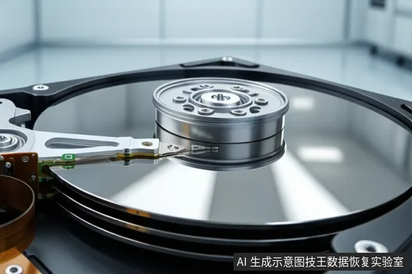 特写镜头展示打开外壳的机械硬盘,可见金属盘片、中心主轴电机及左侧磁头臂组件,背景为模糊的实验室环境。