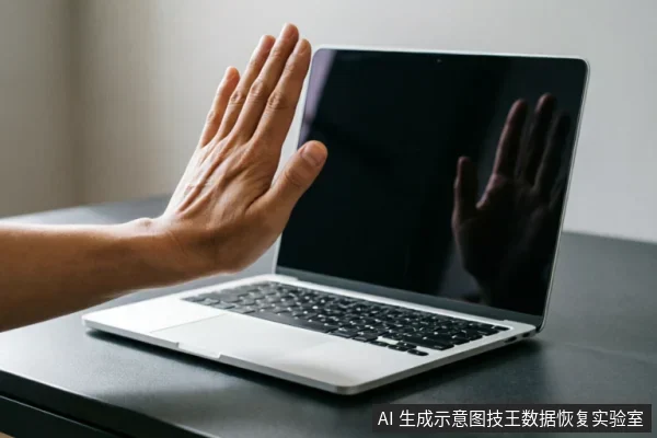 一只手掌在银色笔记本电脑屏幕前做出明显的停止手势,掌心向外,黑色屏幕上映出清晰的手部倒影。画面通过肢体语言直观传达“立即停止操作”、“禁止通电”或“切勿写入”的警示含义,契合数据恢复中保护原始介质、避免二次损坏的核心原则。