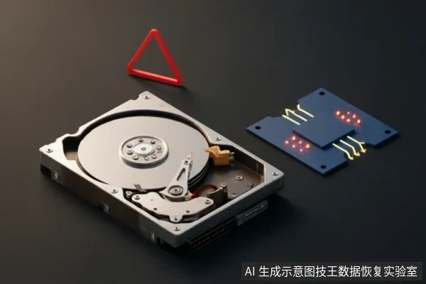 深色背景上放置着一个外壳打开的机械硬盘，内部盘片与磁头结构清晰可见。硬盘上方立有一个红色三角形警示标志，右侧摆放着带有发光电路纹路的蓝色芯片组件，整体呈现出硬件故障预警与技术分析的氛围。