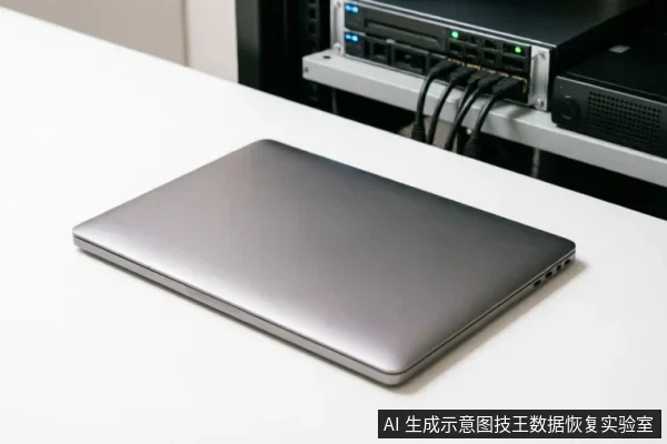 一台闭合的银灰色笔记本电脑放置在白色桌面上,背景模糊显示机架式服务器设备及连接线缆,呈现专业数据恢复或IT运维环境。