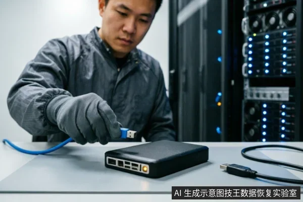 一名身穿灰色防静电服并佩戴手套的技术人员,在服务器机房背景下正将蓝色USB数据线插入黑色移动硬盘盒。画面展示了检查物理连接状态的专业操作场景,背景可见带有指示灯的服务器机柜。