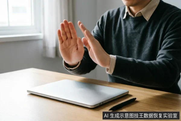 画面展示了一位身穿深色毛衣的人坐在木质办公桌前，双手在闭合的银色笔记本电脑上方做出明显的“停止”或“拒绝”手势。旁边放有一支黑色签字笔，背景为明亮的窗户和白色窗帘，整体氛围安静且专业。