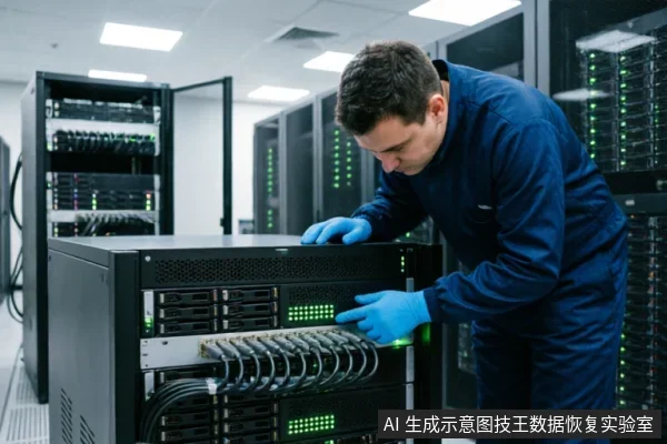 一名身穿蓝色工装、佩戴防静电手套的技术人员正在数据中心机房内检查服务器机柜。他正专注地查看设备面板上的绿色状态指示灯,并整理连接在硬盘托架上的数据线,背景可见排列整齐的其他服务器设备。