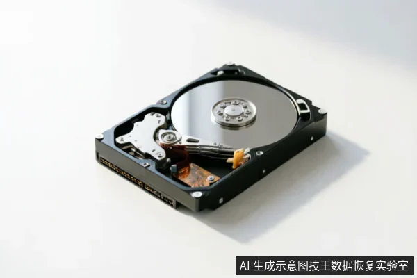 一张展示内部结构的机械硬盘特写图,清晰可见金属磁盘盘片、读写磁头臂及底部的SATA数据与电源接口。背景为纯白,无其他杂物,直观呈现了机械存储介质的物理形态。