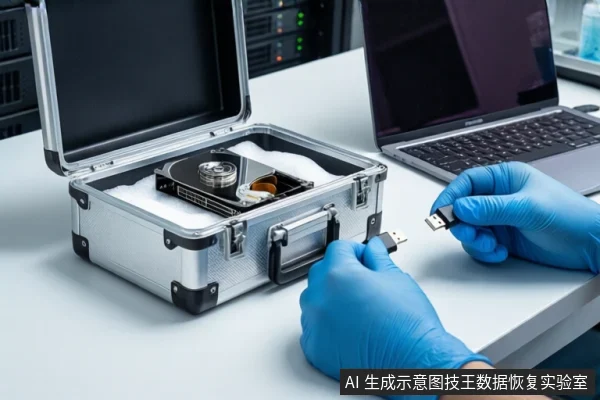 白色桌面上,戴蓝色手套的双手正持握一根USB数据线,左侧为打开的银色金属防震箱,箱内平放一块机械硬盘,右侧为打开的笔记本电脑,背景可见服务器机柜。