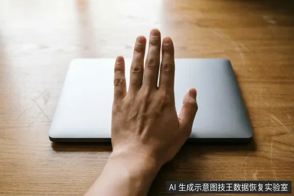一只手掌平放在闭合的银灰色笔记本电脑上,手指自然张开覆盖机身表面。背景为木质桌面,画面通过肢体动作直观传达“立即停止操作”或“切断连接”的含义,契合数据丢失时禁止写入与通电的核心原则。