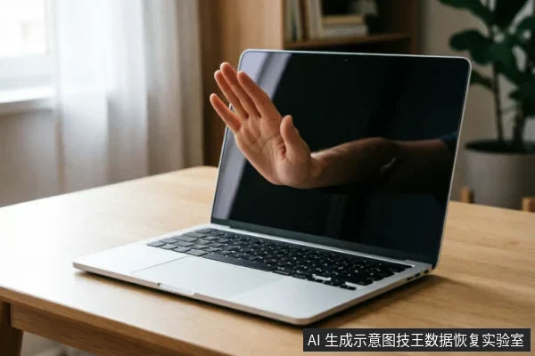 一台银色笔记本电脑放置在木质桌面上,屏幕呈黑色关闭状态。一只人手从屏幕画面中伸出,手掌向前做出明显的“停止”手势,寓意拒绝或阻断。