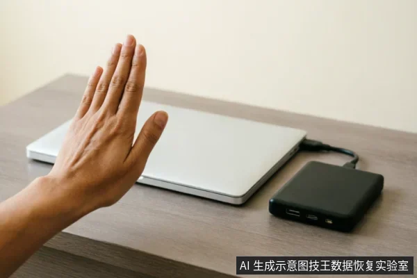 一只手掌在银色笔记本电脑前做出停止的手势,电脑连接着黑色的移动硬盘盒或电源设备。画面直观展示了面对存储设备故障时,立即停止通电和操作、阻断写入的止损原则。