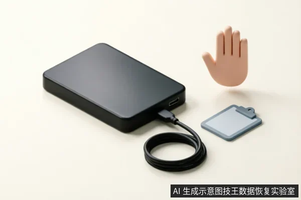 画面展示了一个黑色移动硬盘通过USB线连接,旁边悬浮着一只表示“停止”的手势图标,以及一个待记录信息的剪贴板。示意在设备故障时应立即断开连接并记录观察到的异常信息。