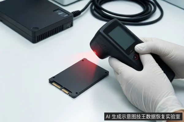 白色桌面上,一只戴白手套的手握持黑色手持设备,向平放的黑色固态硬盘发射红色激光。背景可见黑色线缆和存储设备。