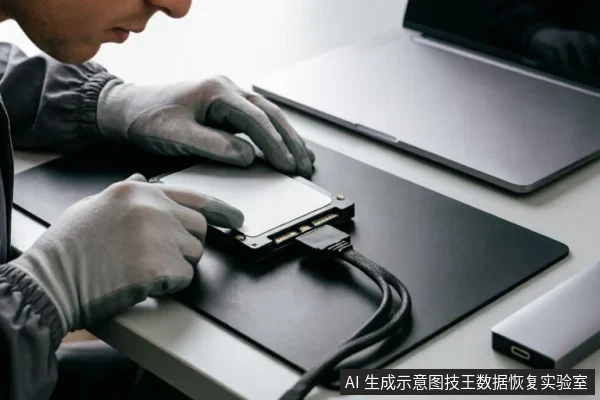 一名佩戴防静电手套的技术人员正在操作一块裸露的2.5英寸机械硬盘，硬盘通过SATA数据线和电源线连接，放置在黑色防静电垫上。背景可见笔记本电脑和移动硬盘盒，展示了专业环境下的硬件检测或数据恢复场景。