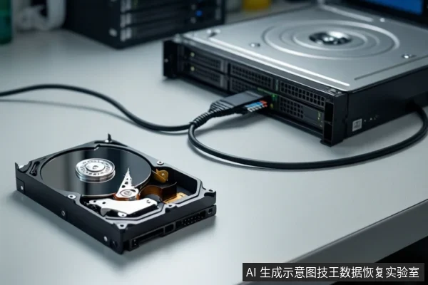 白色桌面上,一块打开外壳的机械硬盘通过黑色线缆连接到右侧的银色存储设备,背景可见服务器机柜。