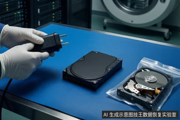 蓝色防静电垫上，一双戴白色手套的手握持黑色电源插头，旁边平放一块黑色机械硬盘和一块装在透明自封袋内的裸露机械硬盘，背景为模糊的服务器机柜。