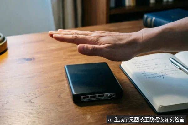 一只手掌悬停在黑色移动硬盘上方，做出停止或切断的手势。硬盘放置在木质桌面上，旁边有一本打开的记事本和一支笔，示意在设备故障时应立即断电并记录状态，切勿继续操作。