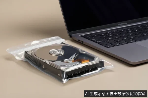 桌面上一个透明自封袋内装着一块开盖机械硬盘,旁边放着一台屏幕黑屏的笔记本电脑。